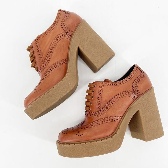 Prada Terracotta Leather Brogue Lace Up Chunky Platform Block Heel Shoes IT 39.5 - Picture 5 of 13